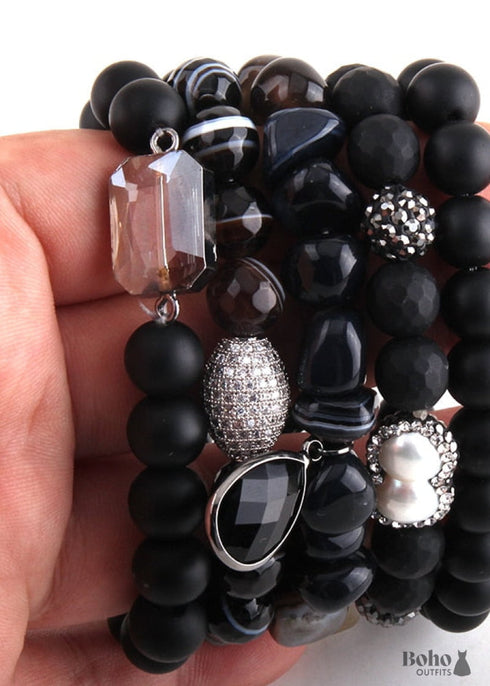 Boho Bracelet, RH Bracelet Set, Cubic Zircon Ball, Natural Stones, in Black and White